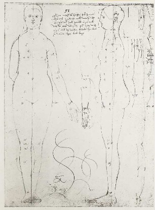 Frau von vorn und seitlich ohne Arme mit Proportionsangaben sowie Text : Dresdner Skizzenbuch (1507/1528). Frau von vorn und seitlich ohne Arme mit Proportionsangaben sowie Text (1508, aus: R. Bruck: Das Skizzenbuch von Albrecht Dürer, Straßburg 1905, Tafel 87, Blatt 153r, Str. 24, Kriegsverlust). Dresden: SLUB Mscr.Dresd.R.147.f
