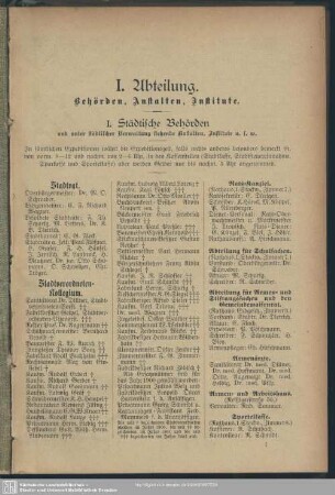 I. Abteilung. Behördenverzeichnis : I. Abteilung. Behörden, Anstalten, Institute