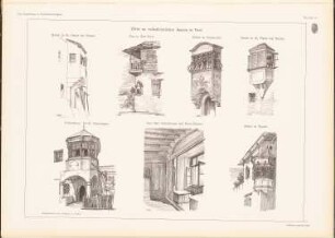Erker an volkstümlichen Bauten in Tirol: Perspektivische Ansichten, Perspektivische Innenansicht, Details (aus: Das Bauernhaus in Österreich-Ungarn, hrsg.v. Ingenieur- und Architektenverein, 1906)