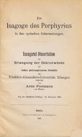 Die Isagoge des Porphyrius in den syrischen Uebersetzungen