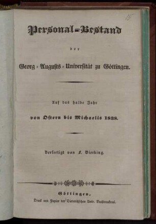 SS 1838: Personal-Bestand der Georg-Augusts-Universität zu Göttingen