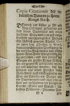 Copia Citationis der rebellischen Bauren zu ihrem Kriegs-Rath.