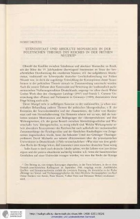 Horst Dreitzel. Ständestaat und Absolute Monarchie in der politischen Theorie des Reiches in der Frühen Neuzeit