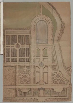 Berlin, Schloss Charlottenburg, Garten, Entwurf, Grundriss : Berlin, Schloss Charlottenburg (bis 1705 Schloss Lietzenburg), Garten, Entwurf, Grundriss, unbekannter Zeichner, 1696/1697. Feder, Pinsel in Wasserfarbe/Papier. 87,4 x 60 cm.