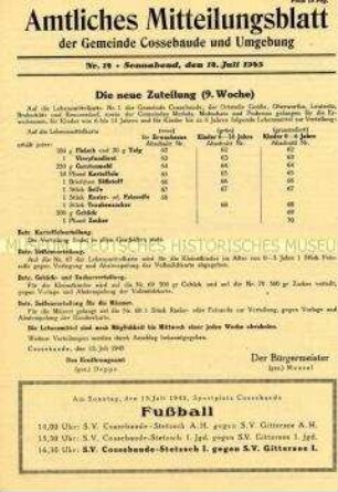 Kommunales Mitteilungsblatt u.a. zur Lebensmittelbewirtschaftung und mit der Anordnung eines Arbeitseinsatzes aller ehemaligen Mitglieder von NS-Organisationen