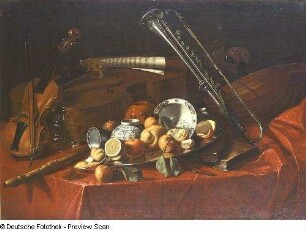 Musikinstrumente, Früchte und Fayencen. Stilleben : Monari, Cristoforo: Musikinstrumente, Früchte und Fayencen. Stilleben. Um 1709/1710. Öl auf Leinwand; 99 x 134 cm. Florenz: Galleria degli Uffizi Inv. 1890, 7591. Dresden: Ausstellung "Kunstschätze der Medici", 1987. Kat. S. 149