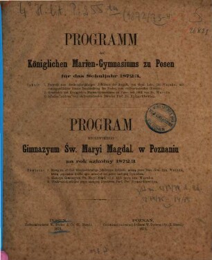 Programm des Königlichen Marien-Gymnasiums in Posen, 1872/73