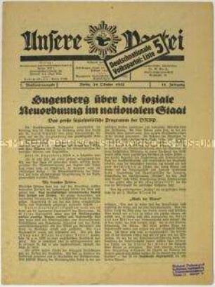 Wahlzeitung der DNVP zur Reichstagswahl im November 1932 mit dem sozialpolitischen Programm der DNVP