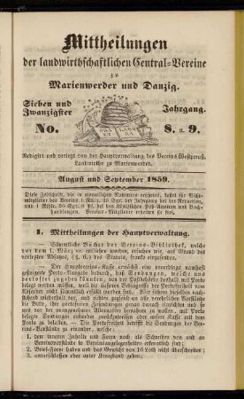 Sieben und Zwanzigster Jahrgang. No. 8. u. 9. August und September 1859.
