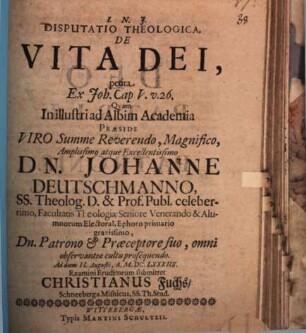 Disp. theol. de vita Dei : petita ex Joh. cap. V. v. 26.