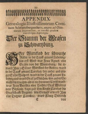 Appendix. Genealogia Illustrissimorum Comitum Schwartzburgensium, usque ad Güntherum Imperatorem, ex vetusto quodam manuscripto deprompta: Der Stamm der Grafen zu Schwartzburg