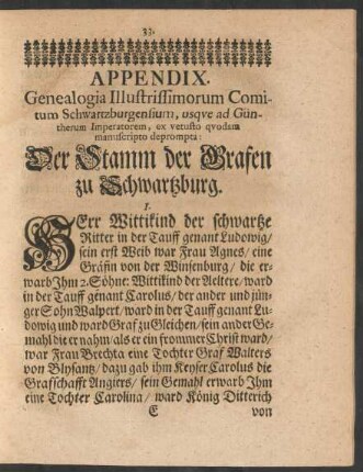 Appendix. Genealogia Illustrissimorum Comitum Schwartzburgensium, usque ad Güntherum Imperatorem, ex vetusto quodam manuscripto deprompta: Der Stamm der Grafen zu Schwartzburg