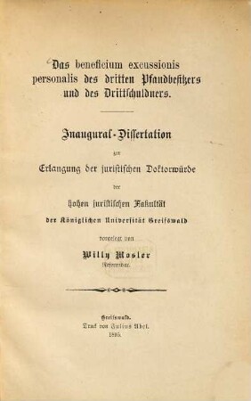 Das beneficium excussionis personalis des dritten Pfandbesitzers und des Drittschuldners