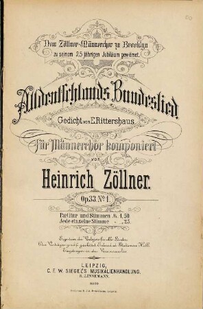 Alldeutschlands Bundeslied : für Männerchor ; op. 33 No. 1