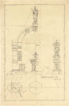 Fischer, Theodor; Proportionen Farblehre - Dreipfeiler Brunnen für Tölz (Grundriss, Ansichten)