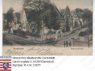 Darmstadt, Künstlerkolonie / Straßenecke mit Künstlerhäusern und Kutsche