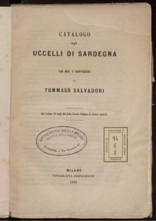 Catalogo degli Uccelli Di Sardegna con note e osservazioni