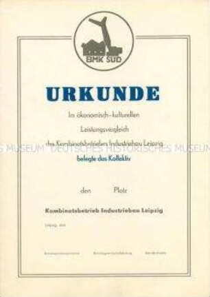 Urkunde des Kombinatsbetriebes Industriebau Leipzig (blanko)