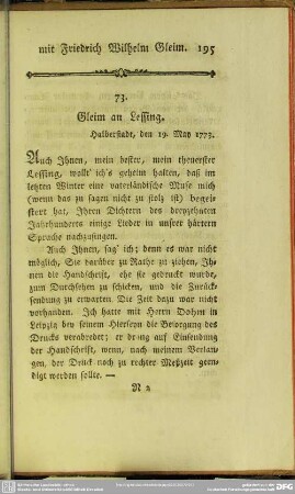 73. Gleim an Lessing. Halberstadt, den 19. May 1773
