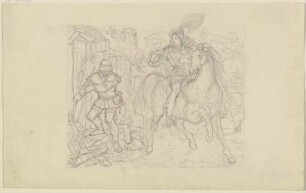 Ungedeutete Szene: Ein Ritter mit Armbrust an einer Hütte haltend, ein Knappe betritt diese