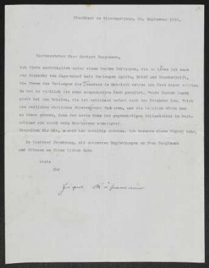 Brief von Eugen Kühnemann an Gerhart Hauptmann