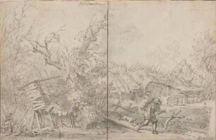 Landschaft mit Hütten und Wanderer