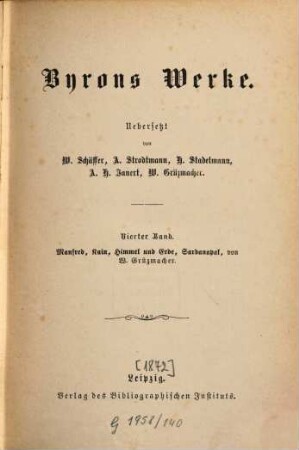 Byrons Werke, 4. Manfred. Kain. Himmel und Erde. Sardanapal