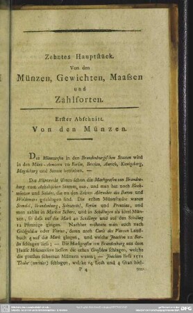 Zehntes Hauptstück. Von den Münzen, Gewichten, Maassen und Zahlsorten