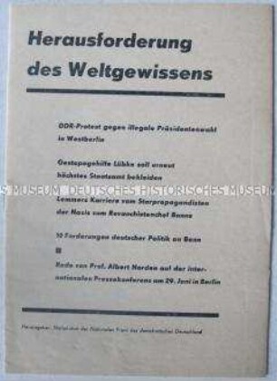 Sonderdruck mit dem Wortlaut einer Rede von Albert Norden auf einer internationalen Pressekonferenz der DDR- Regierung zur Wahl des Bundespräsidenten in Westberlin
