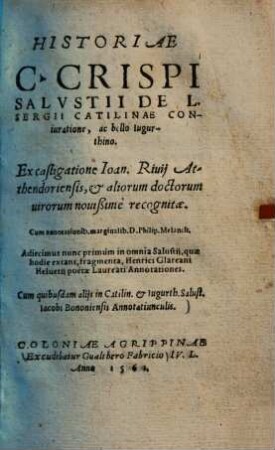 Historiae C. Crispi Salustii de L. Sergii Catilinae conjuratione ac bello Iugurthino
