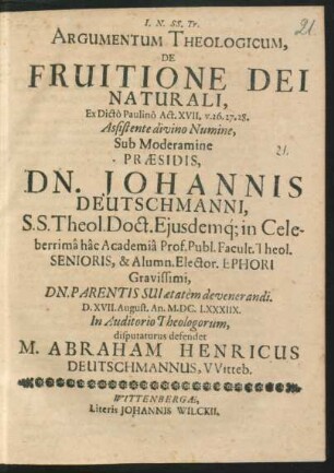 Argumentum Theologicum, De Fruitione Dei Naturali