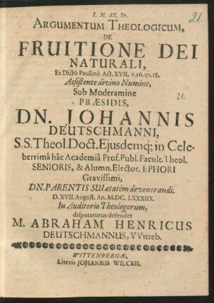 Argumentum Theologicum, De Fruitione Dei Naturali