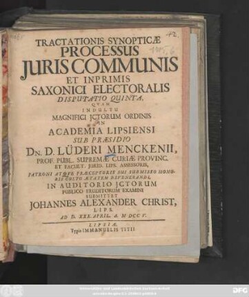 Tractationis Synopticæ Processus Juris Communis Et Inprimis Saxonici Electoralis Disputatio Quinta