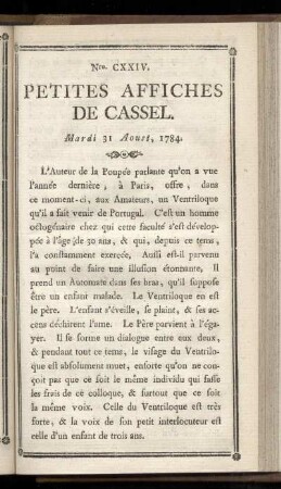 No CXXIV (Mardi 31 Aoust 1784)