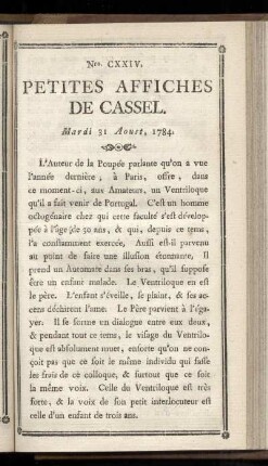 No CXXIV (Mardi 31 Aoust 1784)