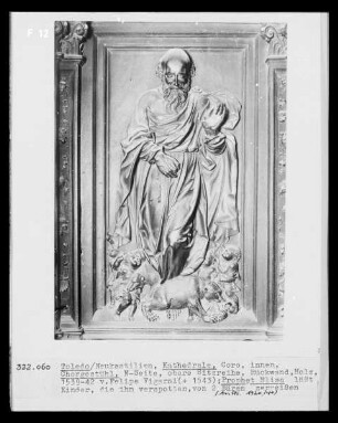 Trascoro de la catedral de Toledo, Nordseite, obere Sitzseite, Rückwand: die Verspottung des Propheten Elischa