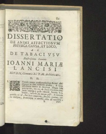 Dissertatio de Animi Affectionvm physica cavsa, et loco, ac de Tabaci vsv