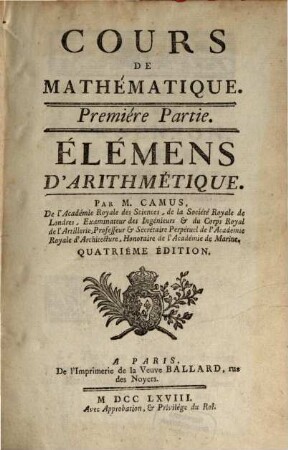 Cours De Mathématique, 1. Élémens D'Arithmétique