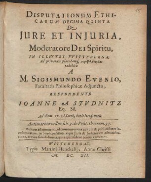 Disputationum Ethicarum Decima Quinta De Iure Et Iniuria
