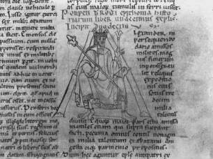 Liber Historiarum Pompeii Trogi / Pompei Progi Epitome historiarum cum figuribus — Initial A mit thronendem König, Folio fol. 9 r