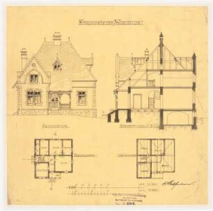 Strommeister-Wohnhaus: Ansicht, Schnitt, Grundrisse, 1:100, 1:200