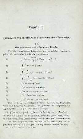 Capitel I. Integration von entwickelten Functionen einer Varabelen.