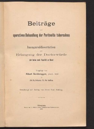 Beiträge zur operativen Behandlung der Peritonitis tuberculosa