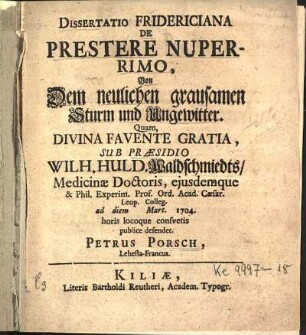 Dissertatio Fridericiana De Prestere Nuperrimo, Von Dem neulichen grausamen Sturm und Ungewitter