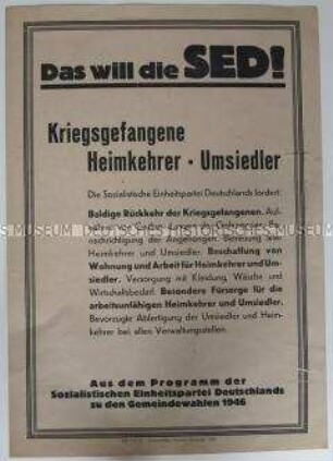 Maueranschlag mit Wahlpropaganda der SED bezüglich der Zukunft von Umsiedlern und Kriegsheimkehrern
