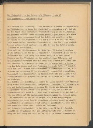 Der Unterricht in der Unterstufe (Klassen 1 bis 4) der Abteilung II der Hilfsschule