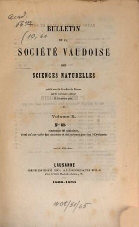 Bulletin de la Société Vaudoise des Sciences Naturelles. 10,60, 10,60. 1868