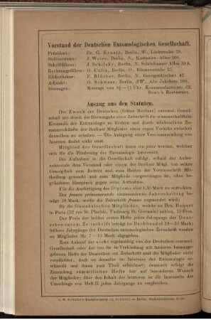 Vorstand der Deutschen Entomologischen Gesellschaft. Auszug aus den Statuten.