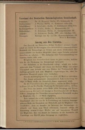 Vorstand der Deutschen Entomologischen Gesellschaft. Auszug aus den Statuten.