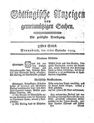 37stes Stück. Sonnabend, den 11ten September 1773.